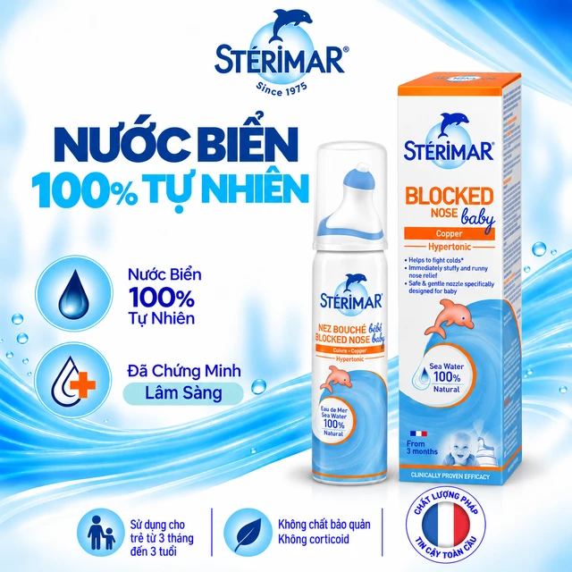 Xịt mũi Sterimar Blocked Nose Baby dùng cho bé sơ sinh từ 3 tháng - 3 tuổi - Giảm nghẹt mũi, viêm mũi 50ml