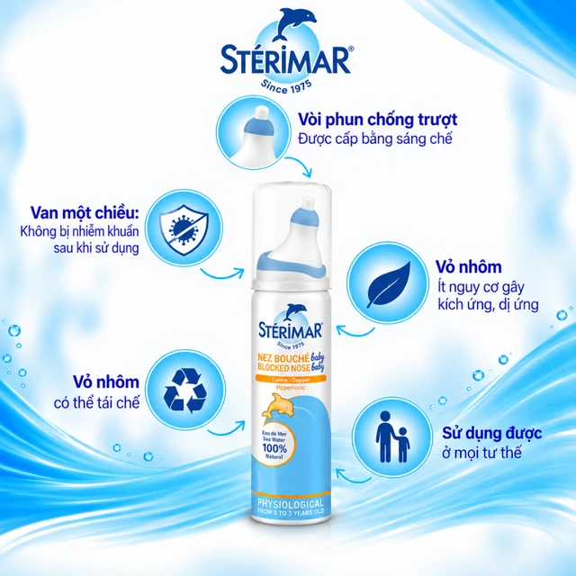 Xịt mũi Sterimar Blocked Nose Baby dùng cho bé sơ sinh từ 3 tháng - 3 tuổi - Giảm nghẹt mũi, viêm mũi 50ml