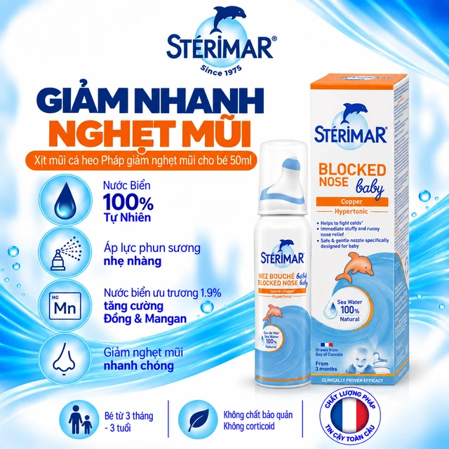 Xịt mũi Sterimar Blocked Nose Baby dùng cho bé sơ sinh từ 3 tháng - 3 tuổi - Giảm nghẹt mũi, viêm mũi 50ml