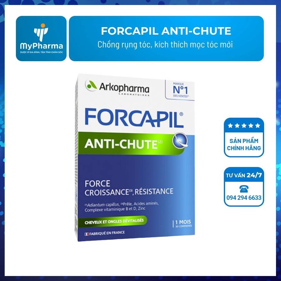 Viên uống mọc tóc, giảm rụng tóc Biotin Pháp Arkopharma dưỡng nang tóc, tóc chắc khoẻ-TPBVSK Forcapil Antichute 30v